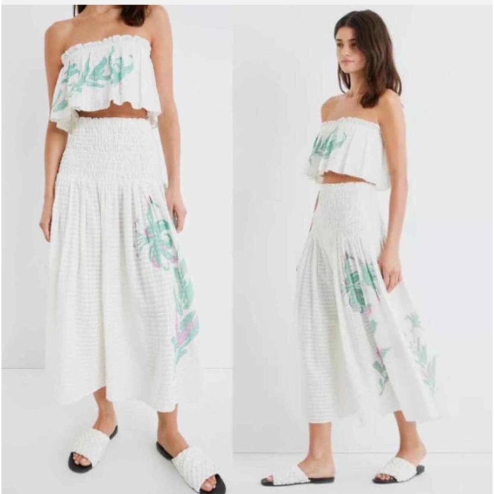 Tanya Taylor Set:  White Floral Midi Skirt and top with Mint and Pink Print